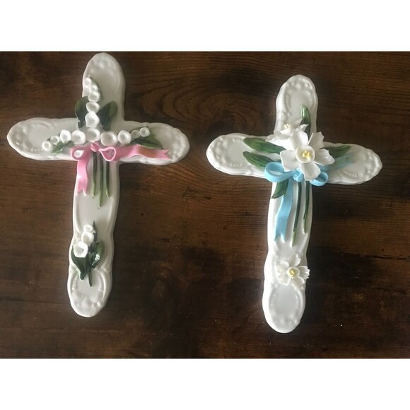 1991 Enesco Ceramic Flower Cross of The Month Plaque December and May - Picture 1 of 11